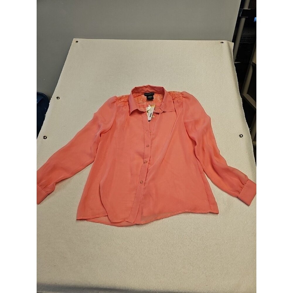 Metaphor Strawberry Pink Sheer Slit Open Back, Lace‎ Yoke Blouse Top Size S New